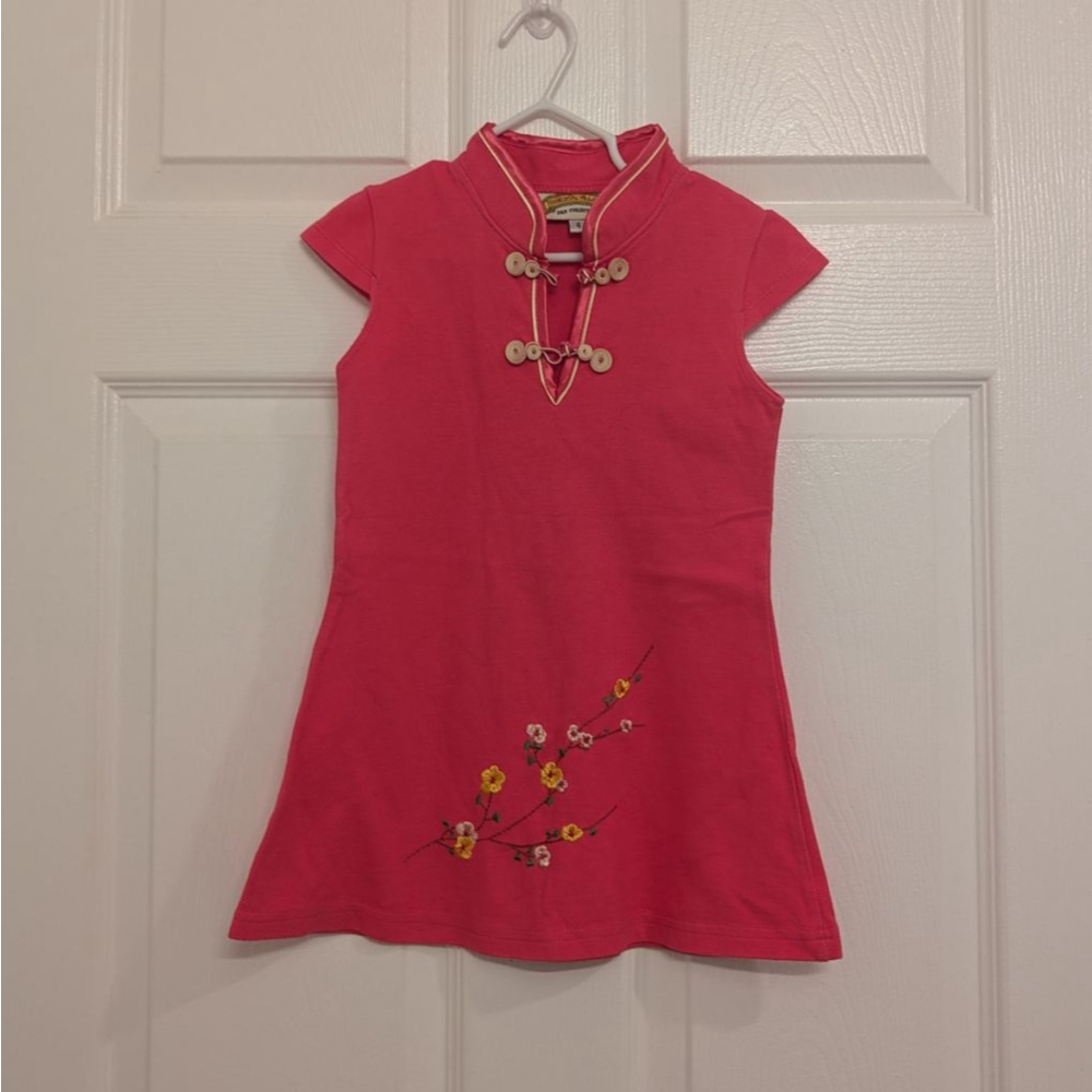 Oriental Village Pink Casual Dress with Floral Embroidery Size 4 Chinese Collar